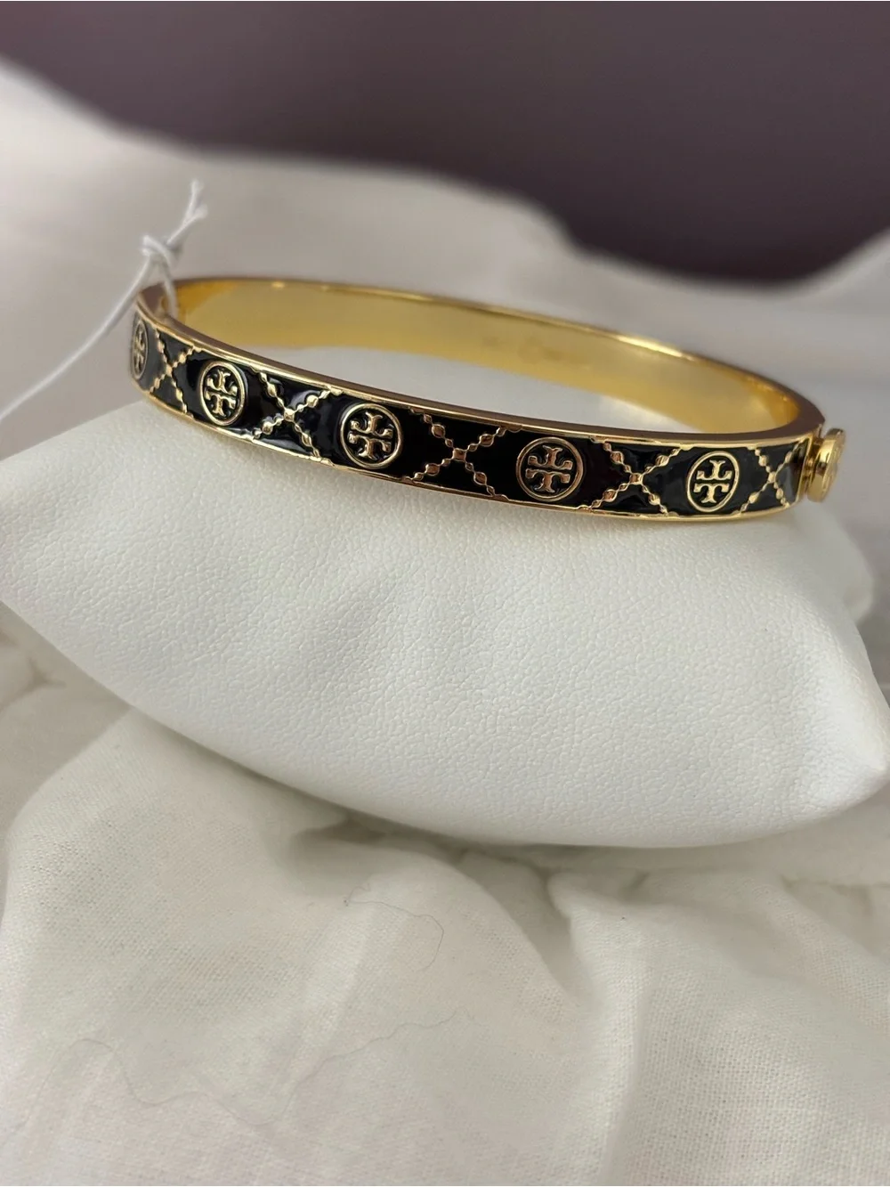Tory Burch Gold and Black Enamel Logo Slim Hinged Bracelet